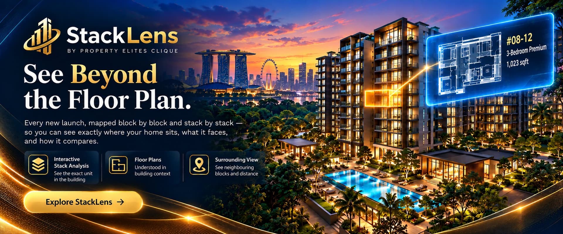 StackLens by Property Elites Clique. See Beyond the Floor Plan. Every new launch, mapped block by block and stack by stack, so you can see exactly where your home sits, what it faces, and how it compares. Interactive Stack Analysis, Floor Plans, Surrounding View.